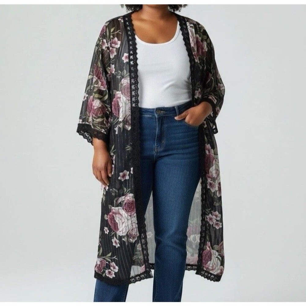 Black Rose Floral Kimono Lace Duster XL Boho Whimsigoth Resort Cruise Cover Up